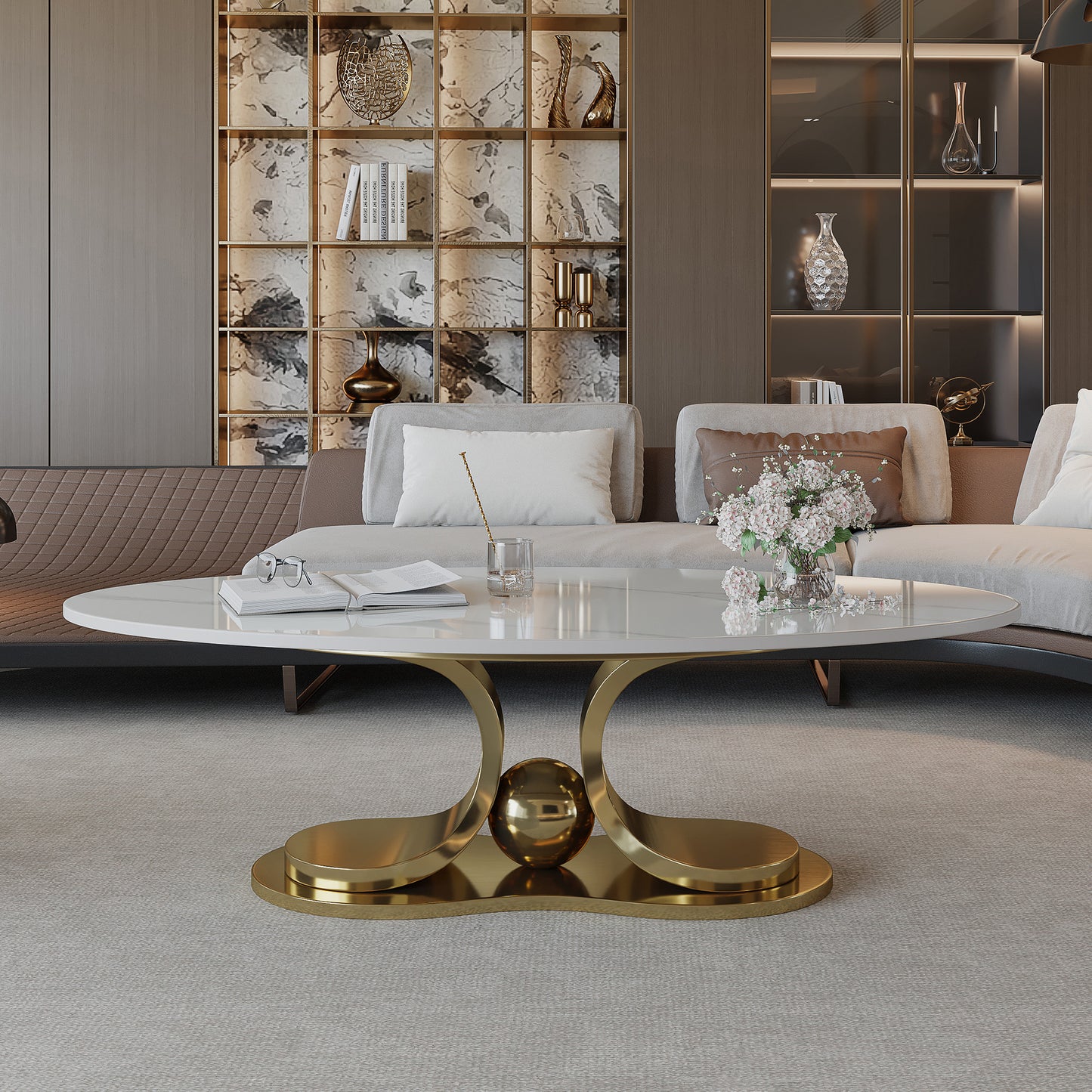 49.2" Modern Faux Marble Coffee Table - Gold & White