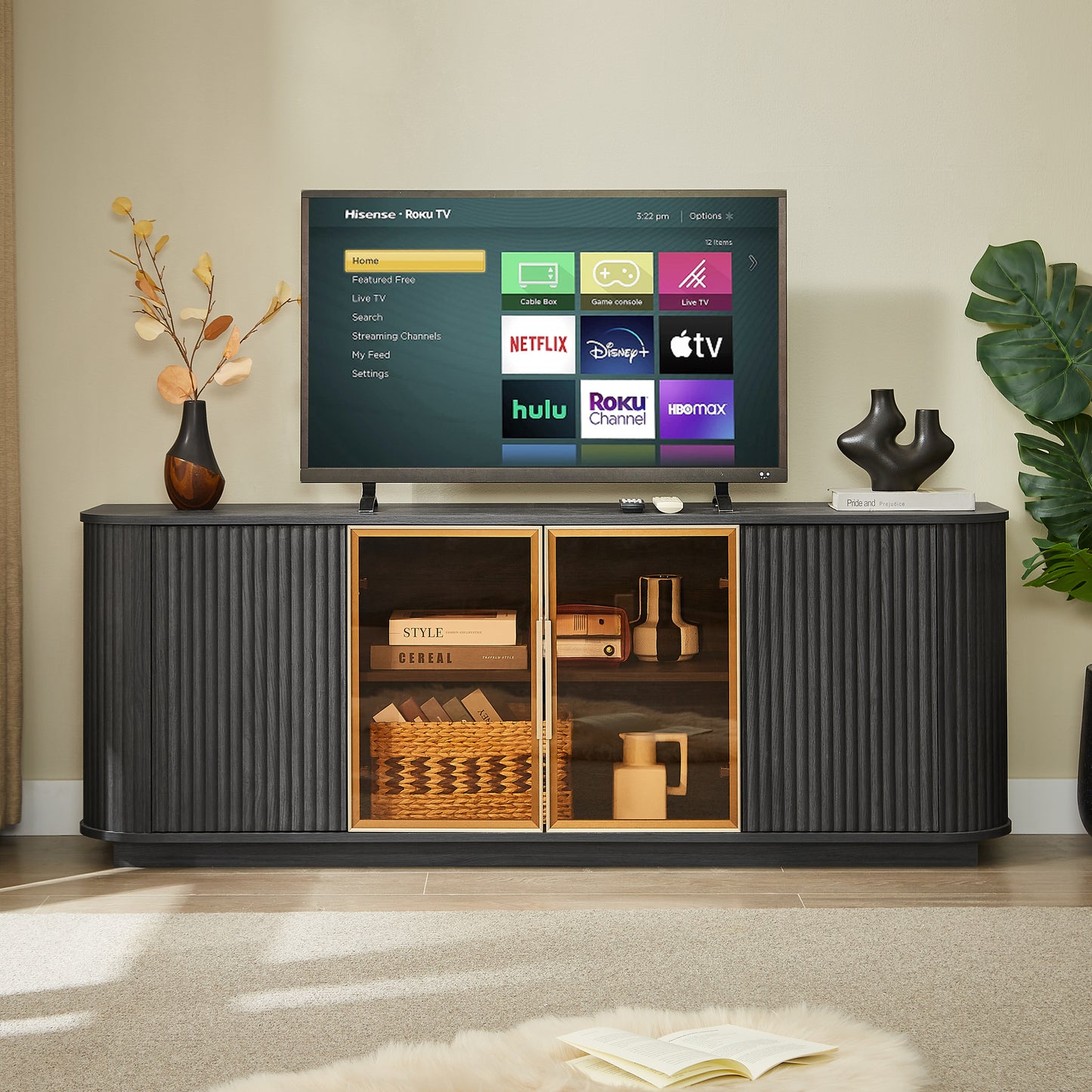 64-Inch Wavy TV Cabinet with Tempered Glass Doors - Black