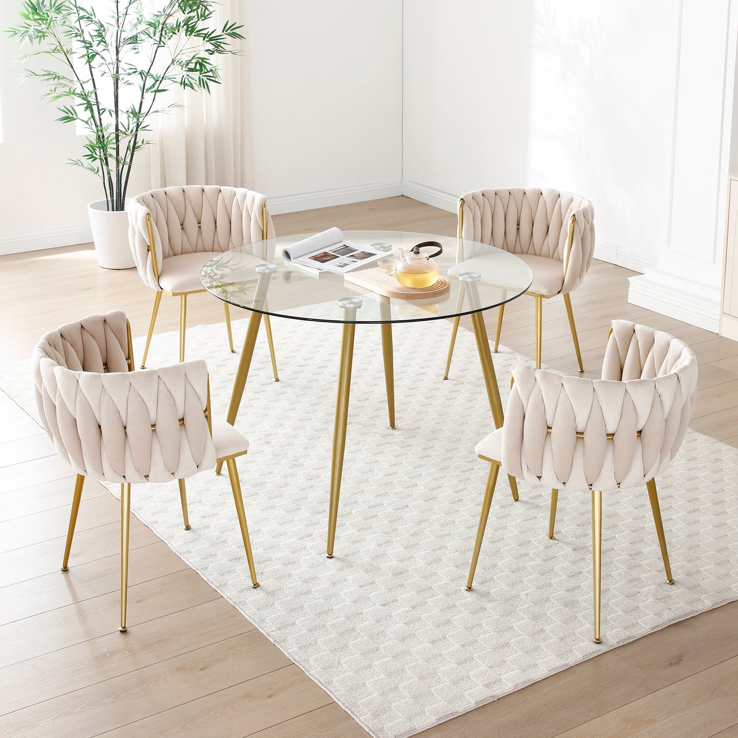 Set of 2 Modern Velvet Dining Chairs - Beige with Gold Legs