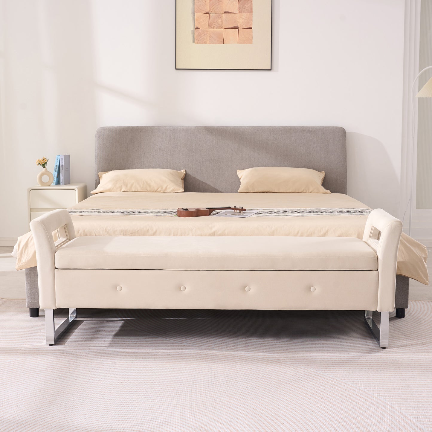 67.91" Wide Velvet Storage Bench with Armrests - Beige