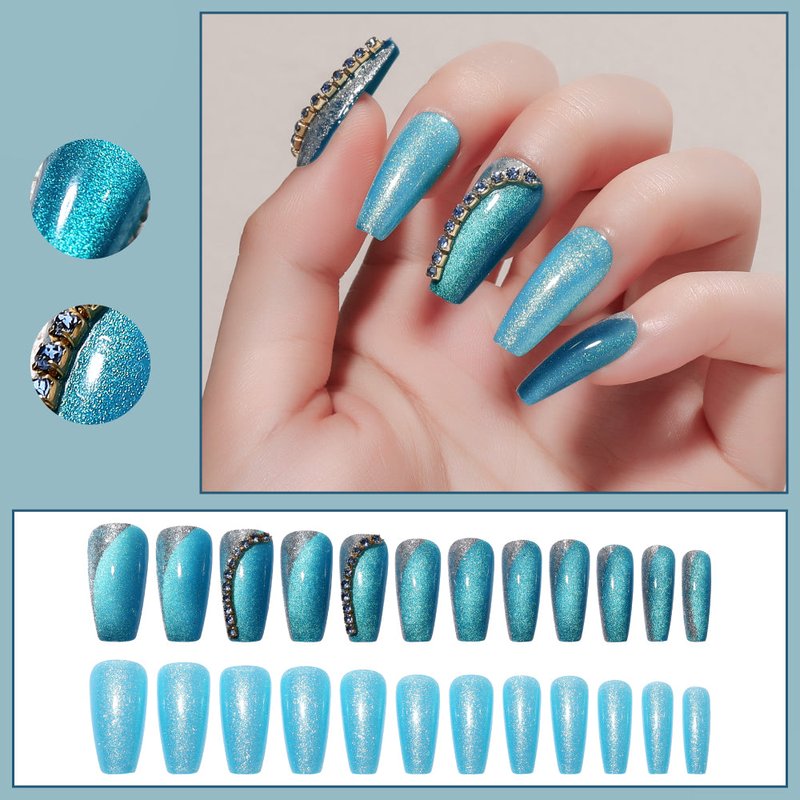 Blue Ocean Nail Patches with Jelly Glue - 24 Pieces