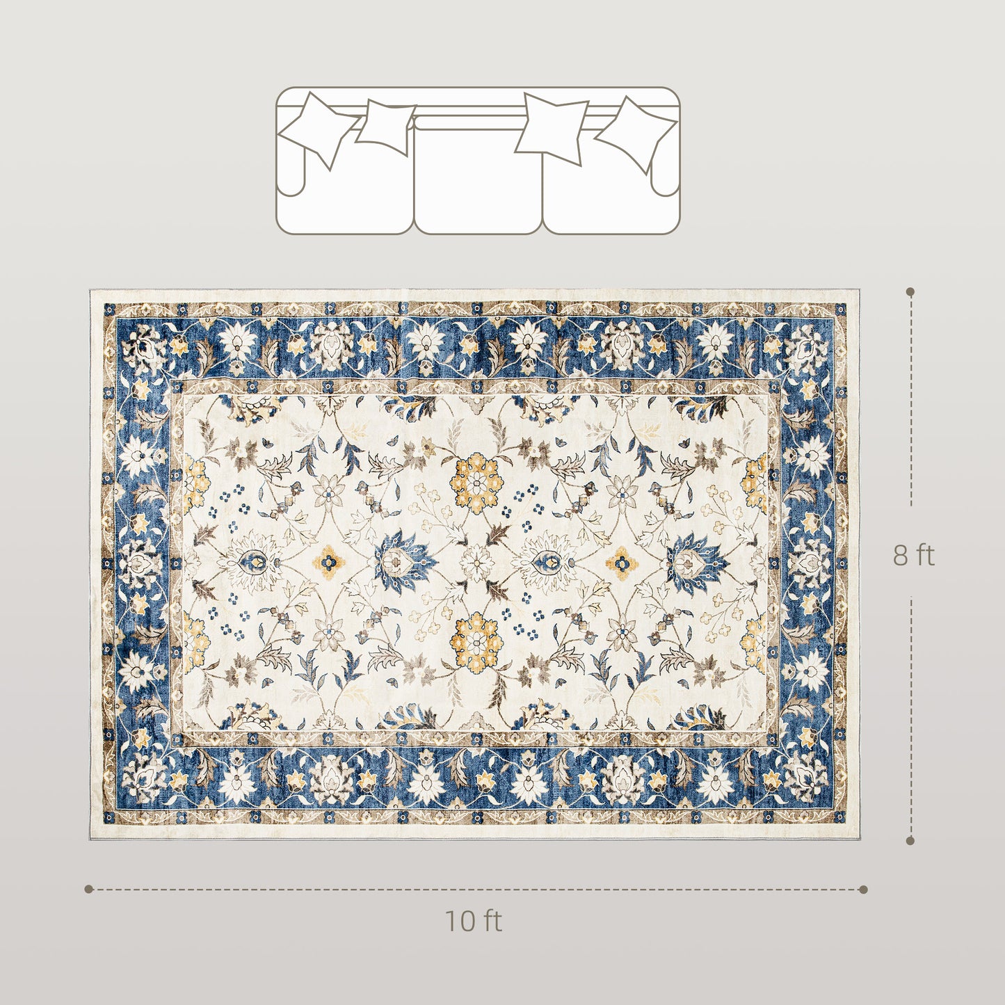 Machine Washable Boho Floral Area Rug 8x10 - Blue
