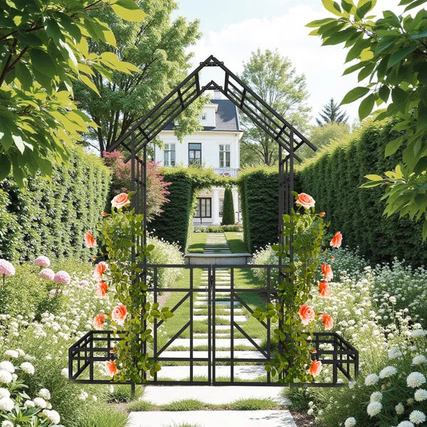 Metal Garden Arch with Gate and Planter - Black