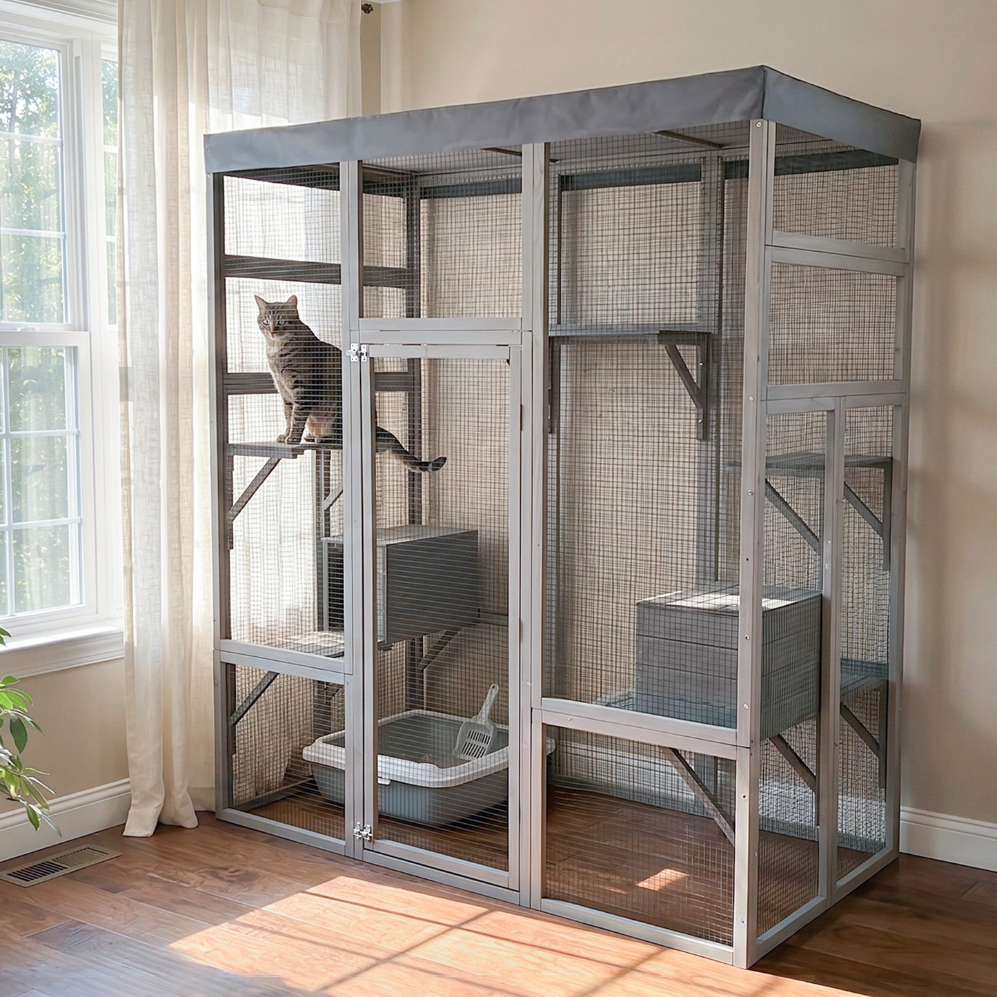 Gray Wooden Cat Enclosure with Waterproof Top, 2 Napping Boxes, Spacious & Secure