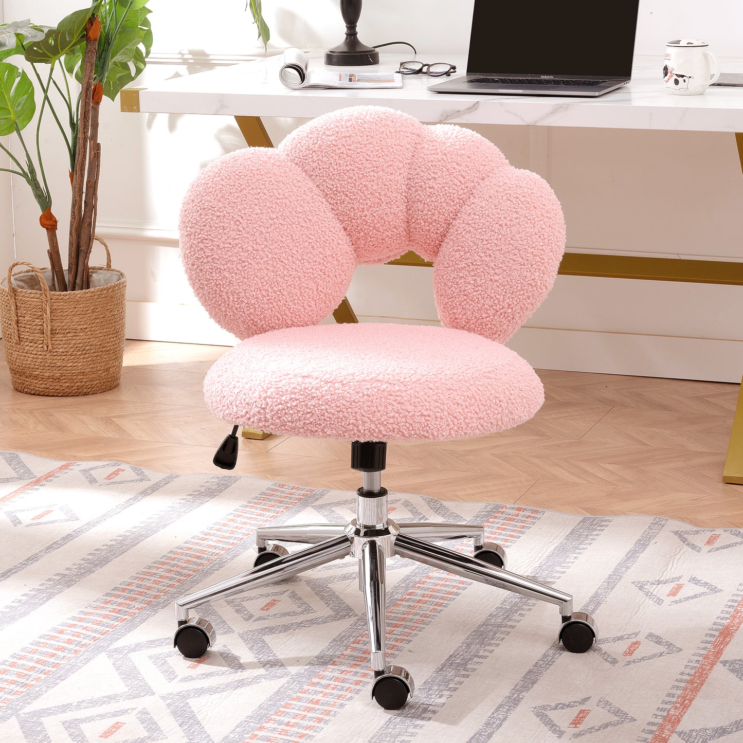 360° Swivel Height Adjustable Pink Teddy Fabric Office Chair