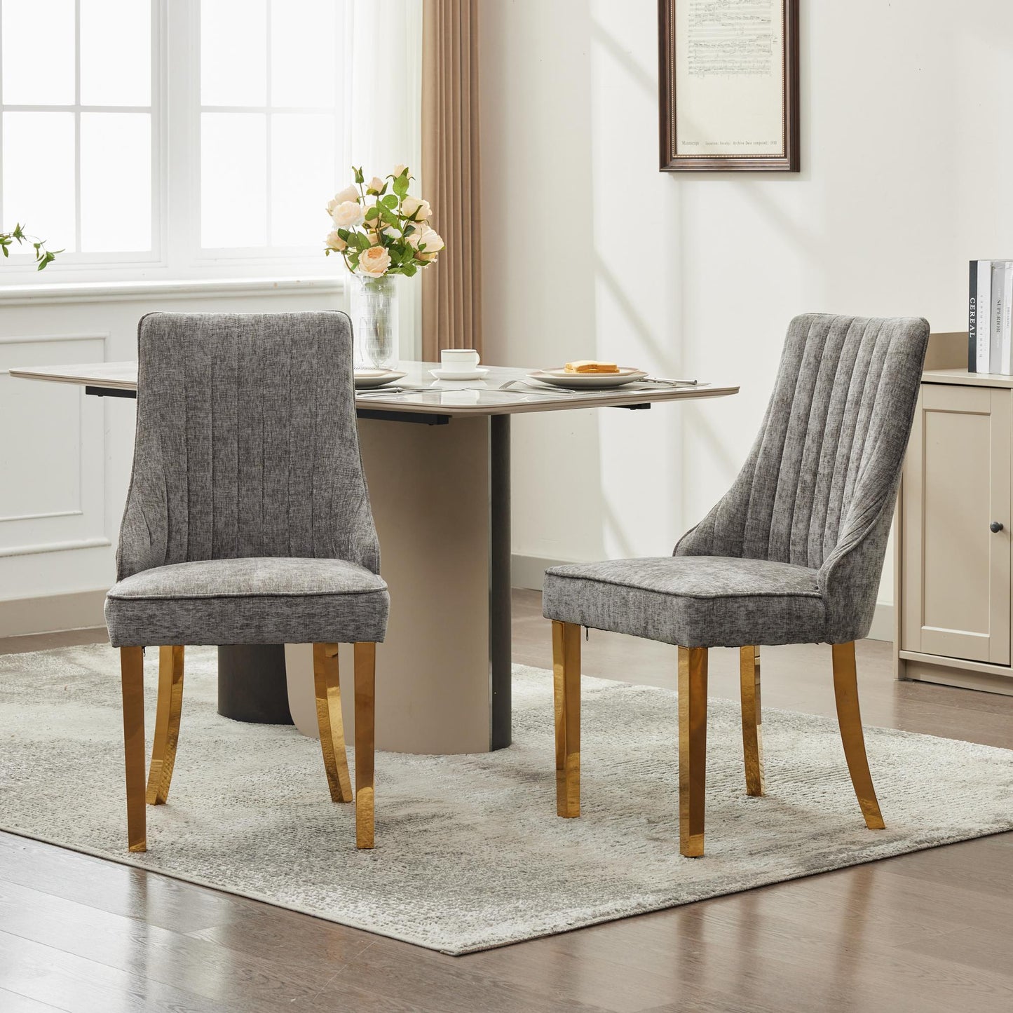 Gray Chenille Dining Chairs Set of 2 with Golden Legs
