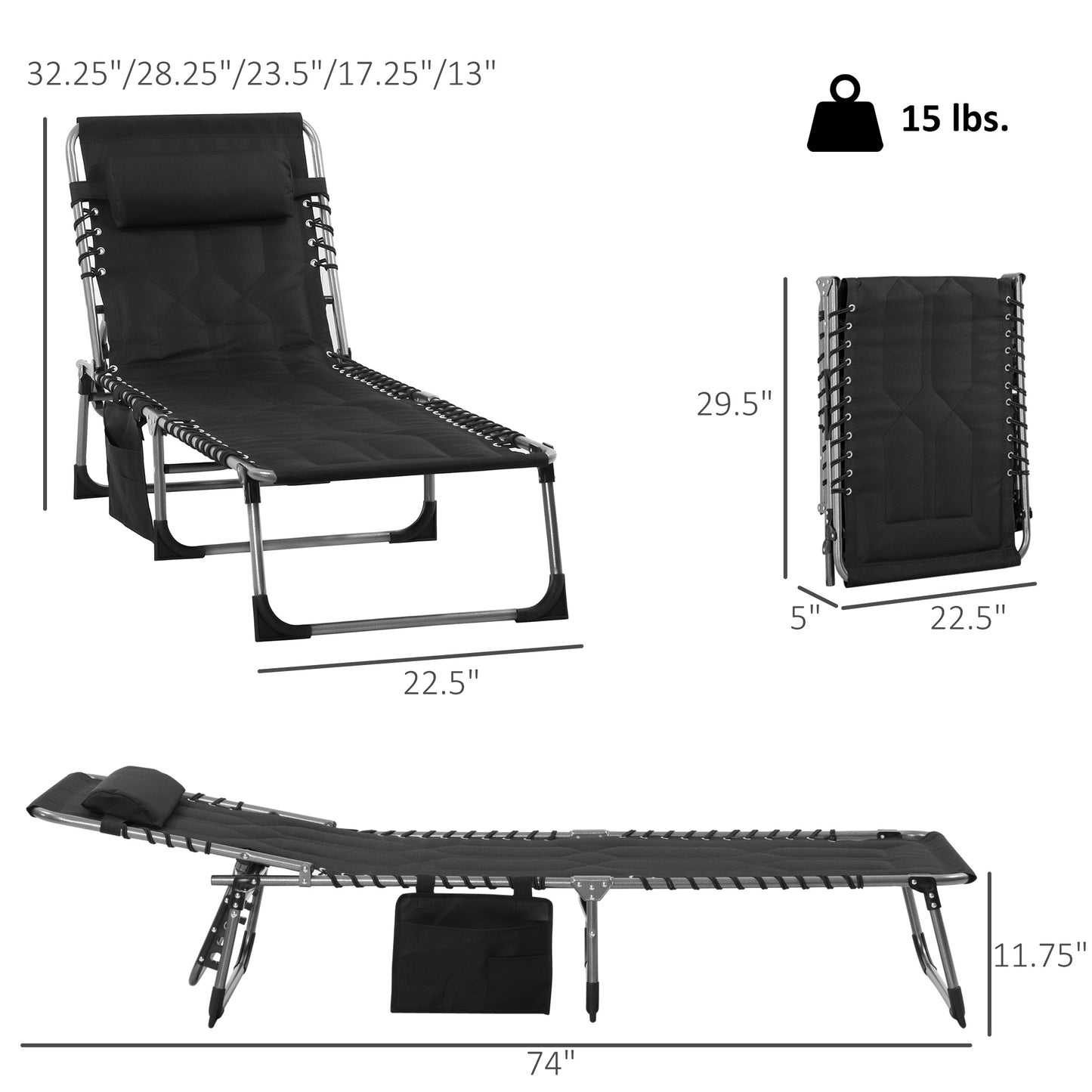 Padded Folding Chaise Lounge Chair - 6-Level Reclining Black