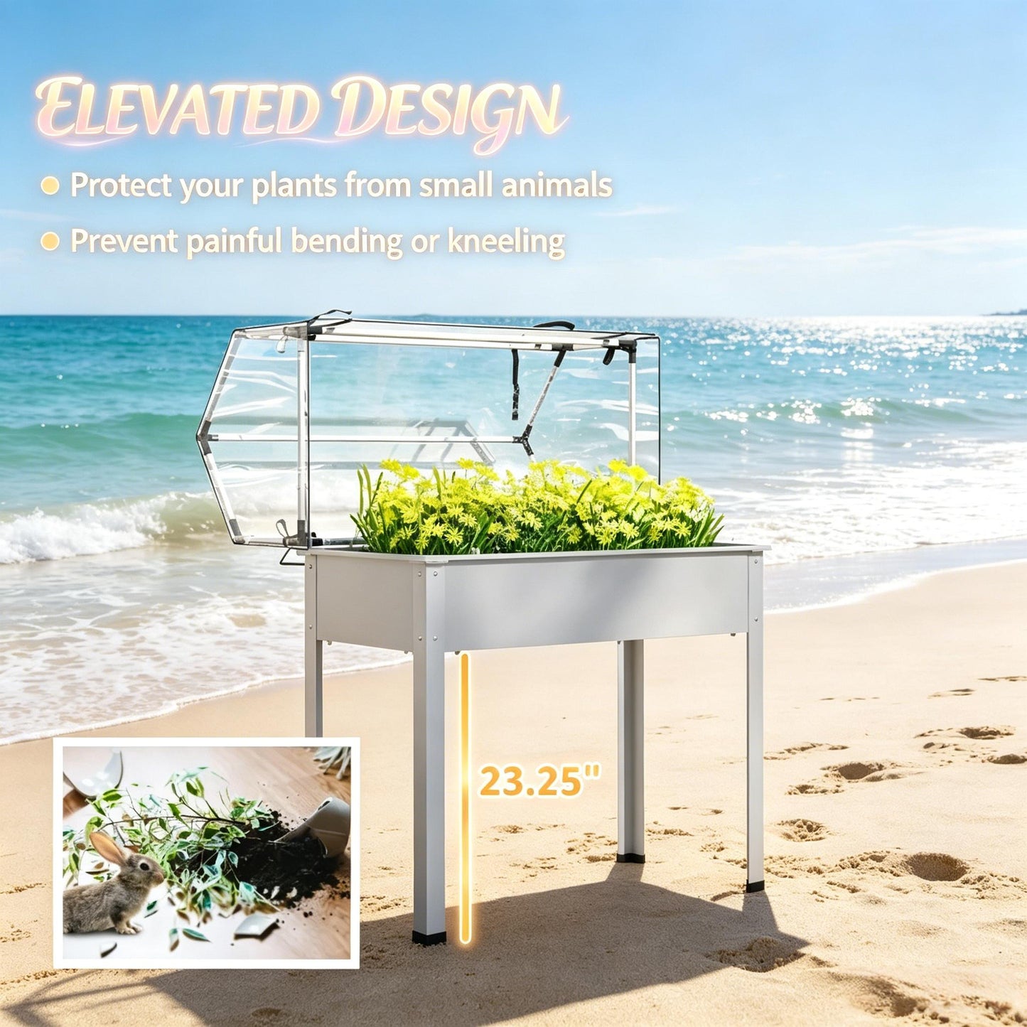 Elevated Garden Bed with Greenhouse - White Raised Planter Box