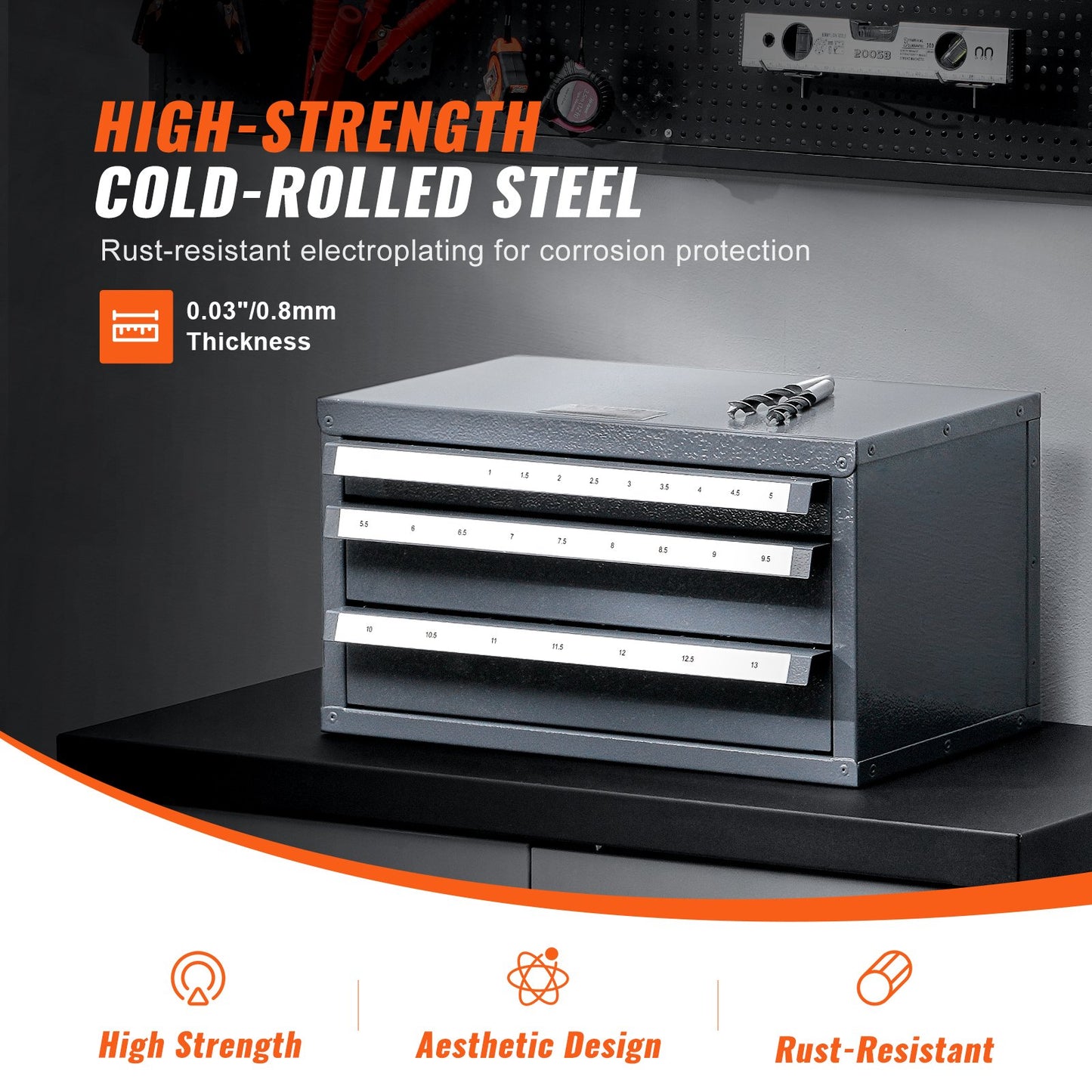 Drill Bit Dispenser Cabinet - Steel Organizer with Labels for 1-13mm Bits, Stackable, Grey
