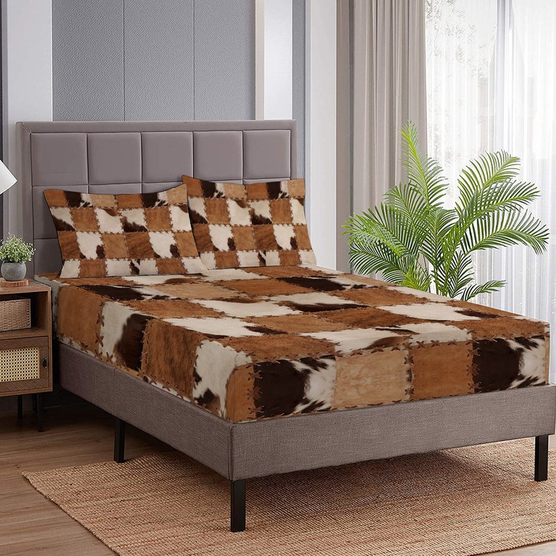 King Size Deep Pocket Fitted Bed Sheet Set Brown Simulated Leather Print