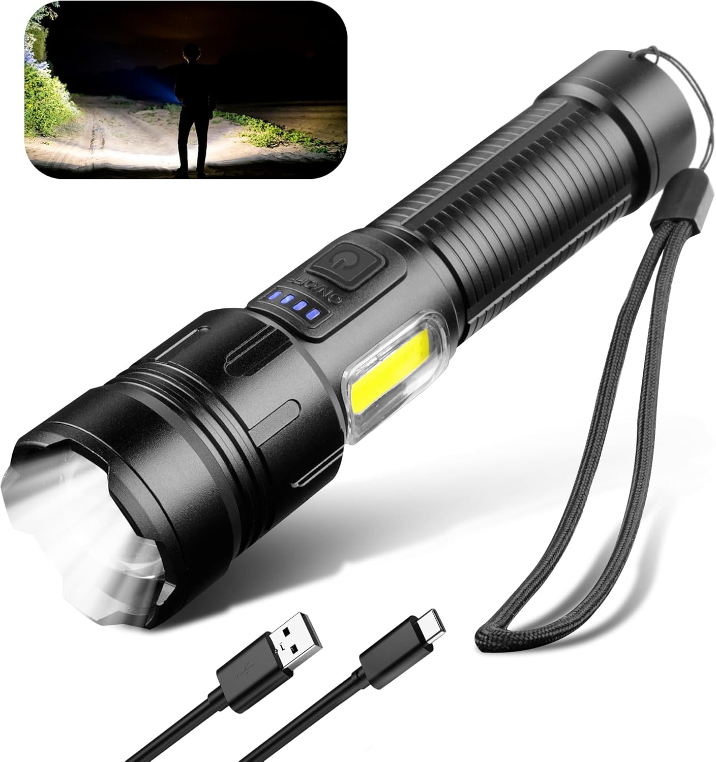 Rechargeable LED Flashlight 10,000 Lumens Waterproof USB Torch Black