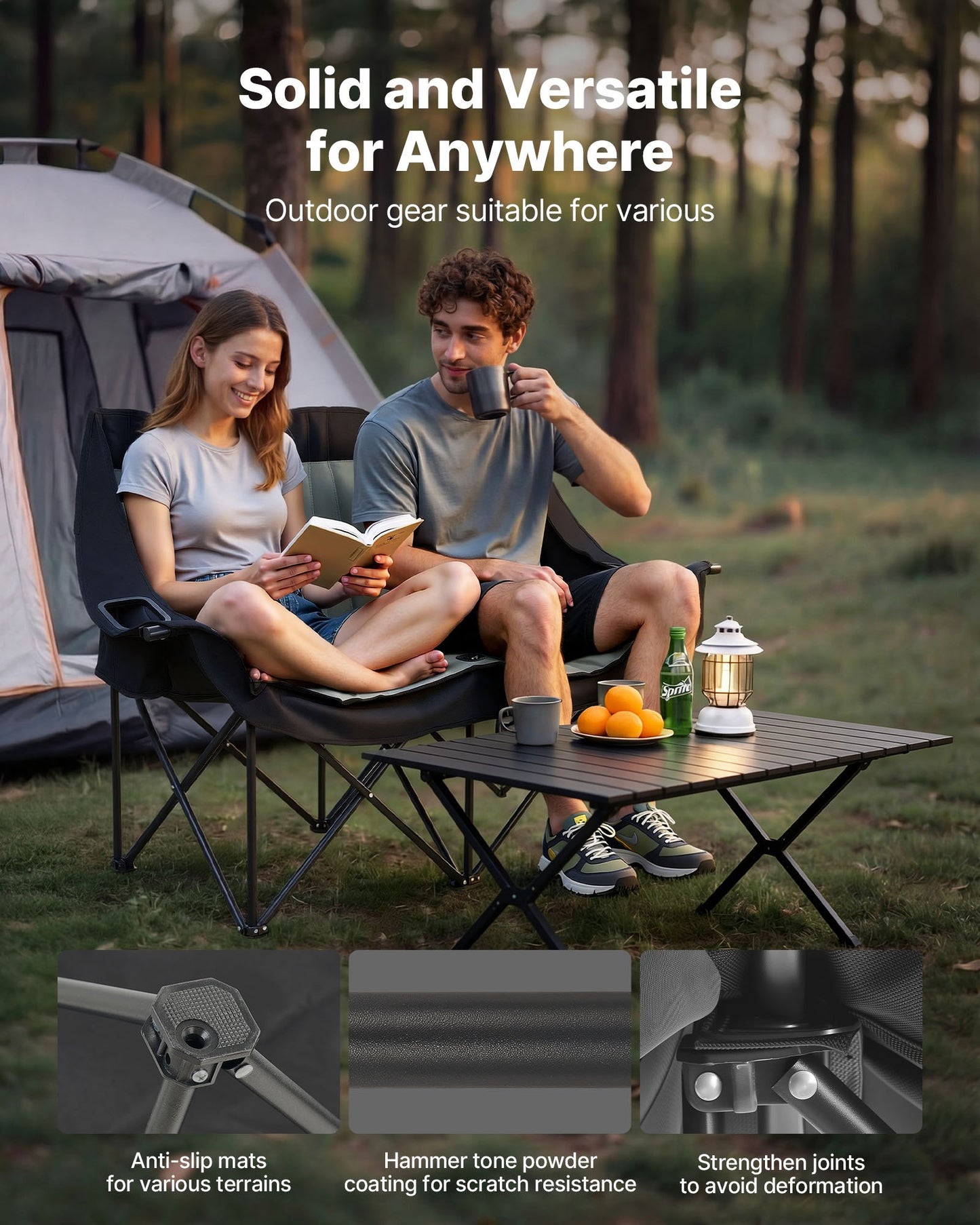 Double Camping Chair with Heavy Duty Support, Cup & Wine Holders, Portable for Outdoor & Beach