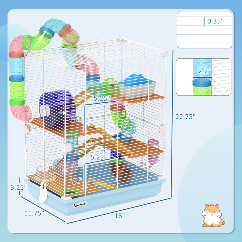 Pet Hamster Cage with Exercise Wheel and Tubes, 5 Tiers, Portable Light Blue