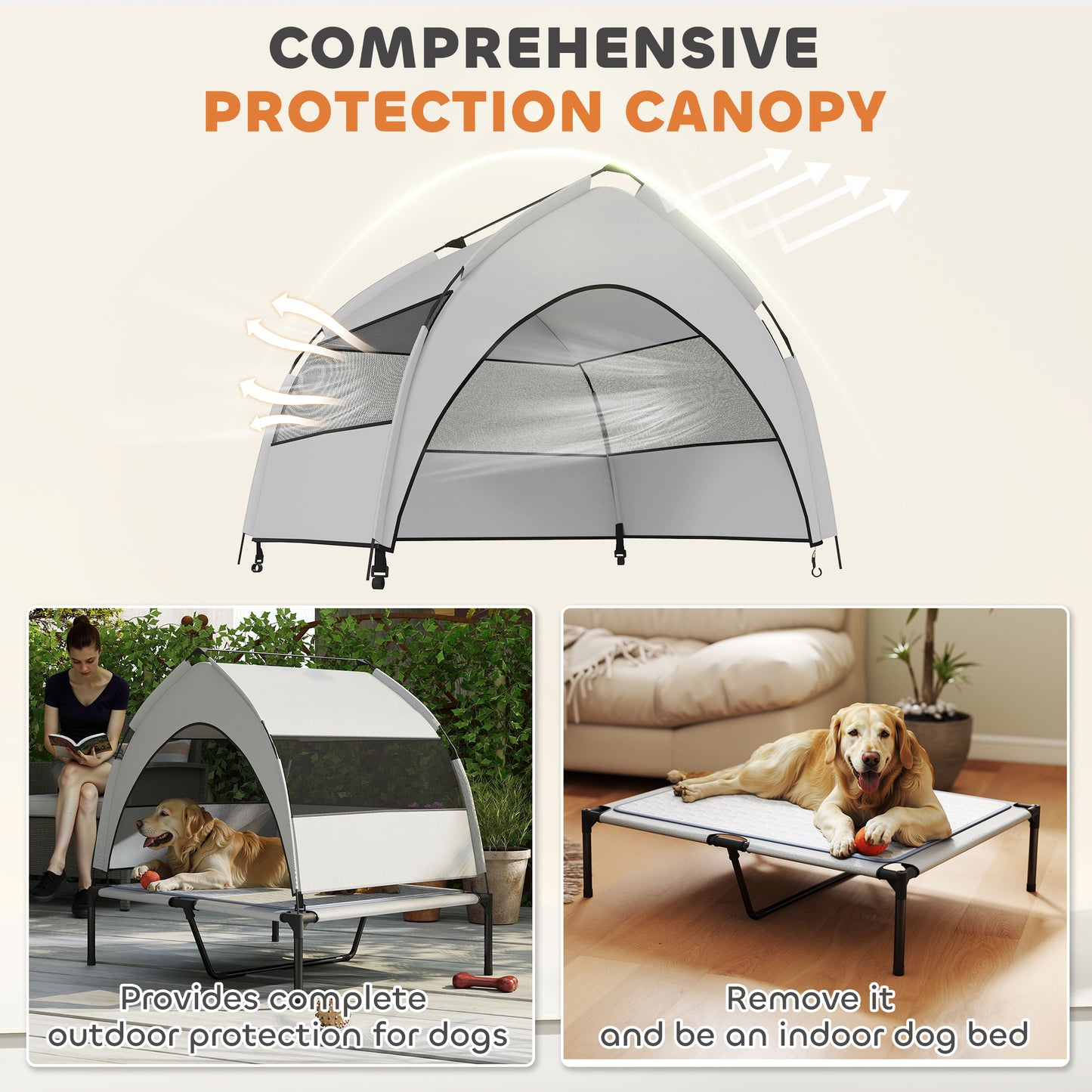 Elevated Dog Bed with Canopy & Cooling Pad - Portable Grey Cot