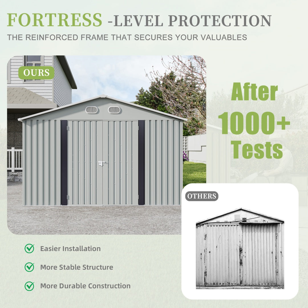 10x12 FT Outdoor Metal Storage Shed with Lockable Door - White