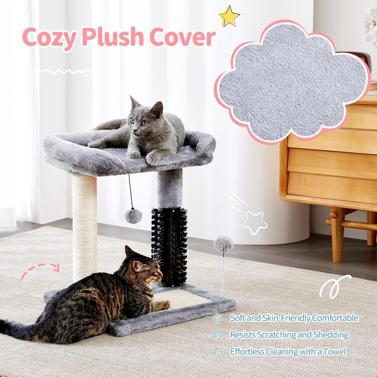 Small 4-in-1 Cat Tree Tower with Self-Grooming Brush & Sisalg Scratching Post - Grey