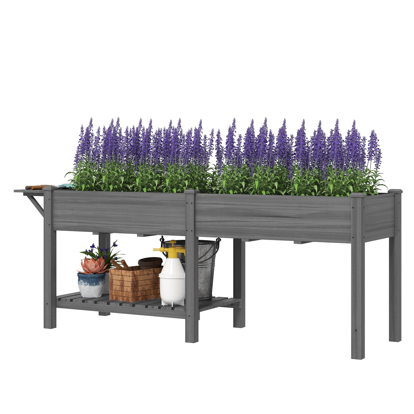 Wood Raised Garden Bed with Side Table and Bottom Shelf - Gray Garden Planter