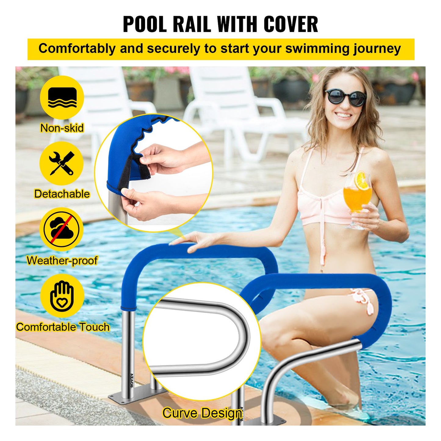 Swimming Pool Handrail 4ft Stainless Steel Stair Rail with Nylon Grip & Base Plate
