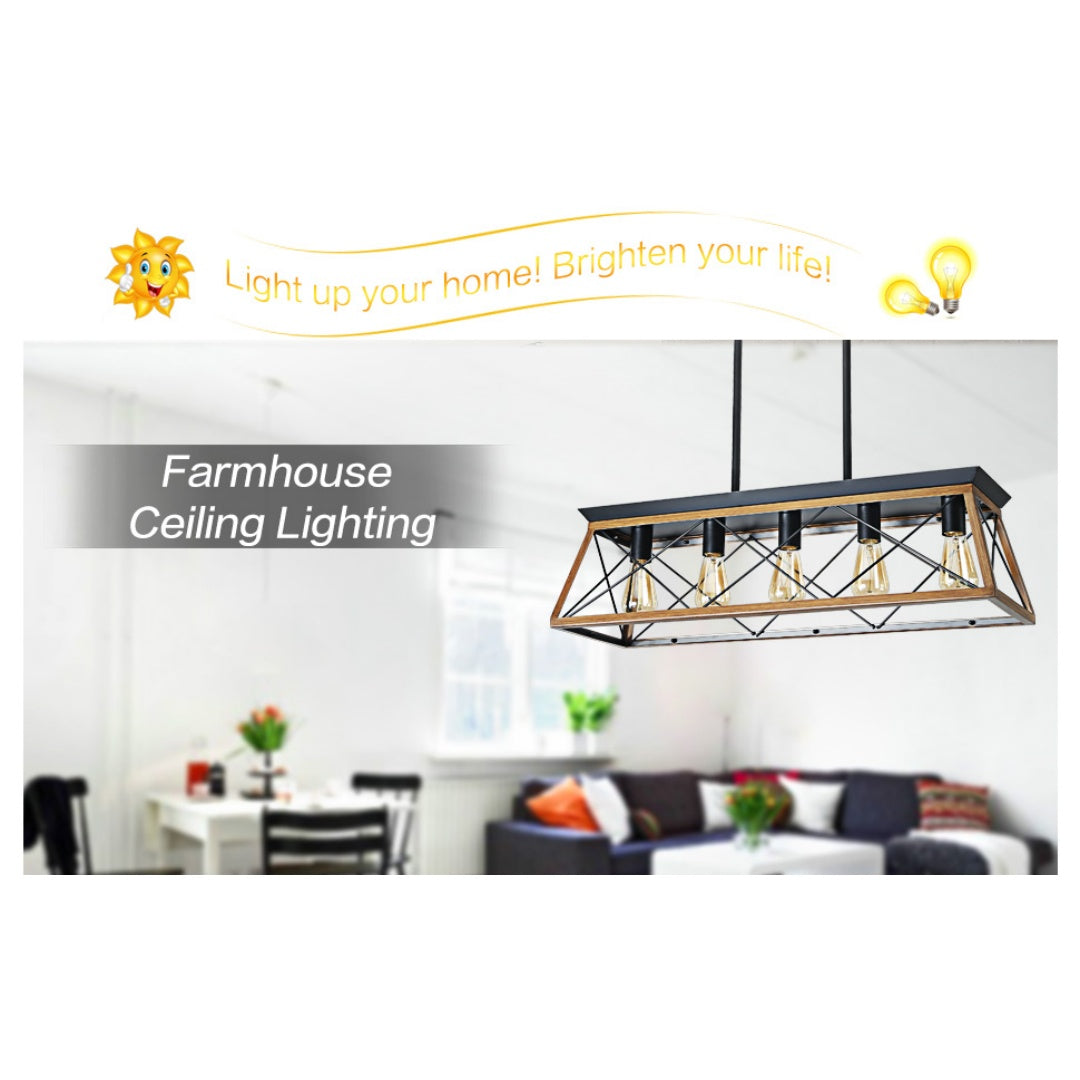 32-Inch Walnut Industrial 5-Light Pendant Chandelier - Adjustable