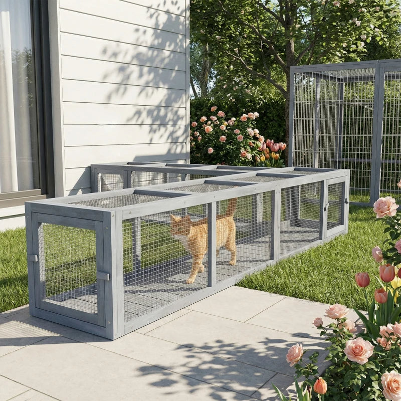 Wooden Cat Run with Weather Protection, Indoor & Outdoor Cat Shelter - Dark Gray