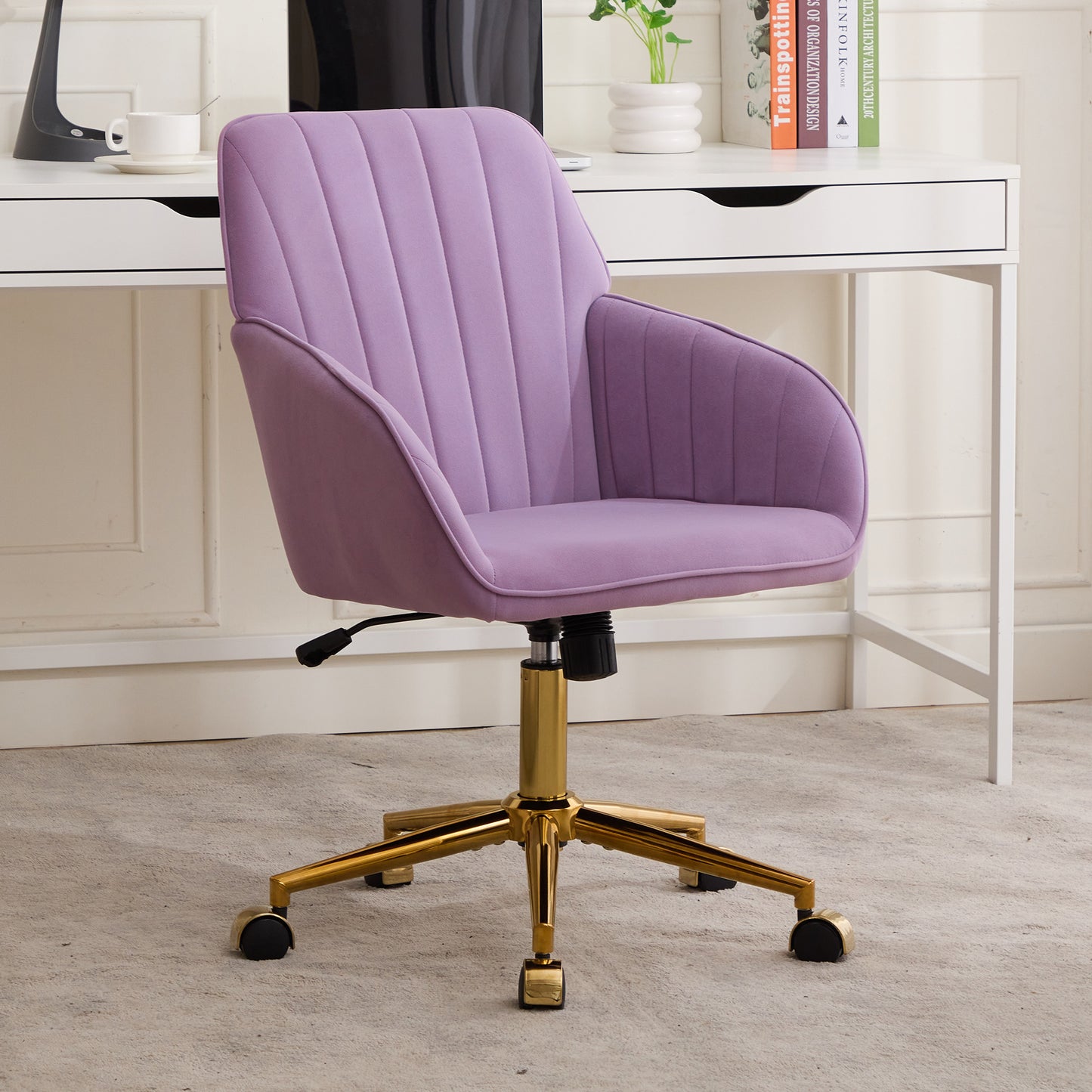 Ergonomic Adjustable Office Chair - Lilac Velvet Swivel Seat