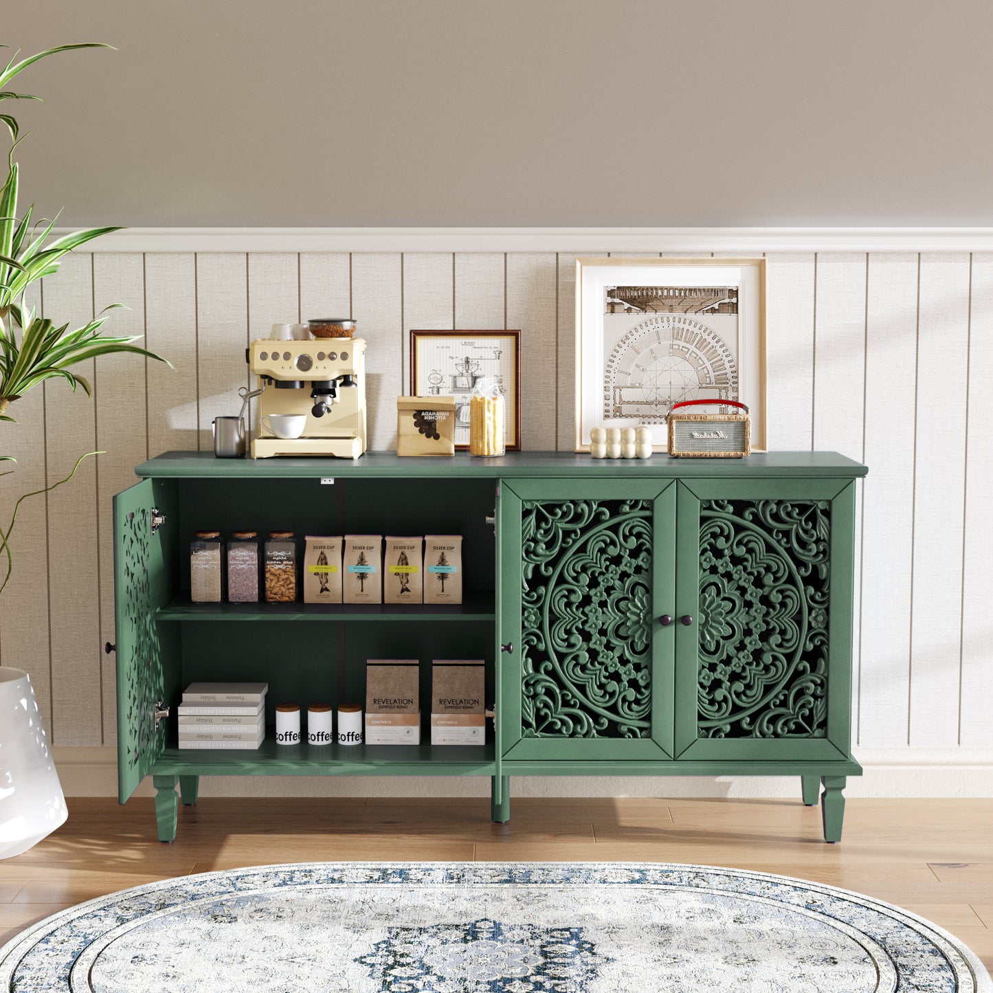 60" Antique Buffet Cabinet with Floral Carvings & Brass Handles - Antique Green