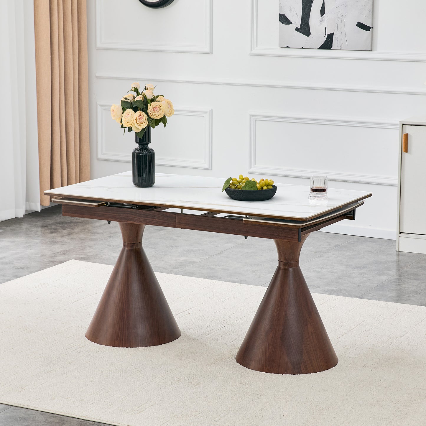 Extendable Dining Table with White Marble-Patterned Top