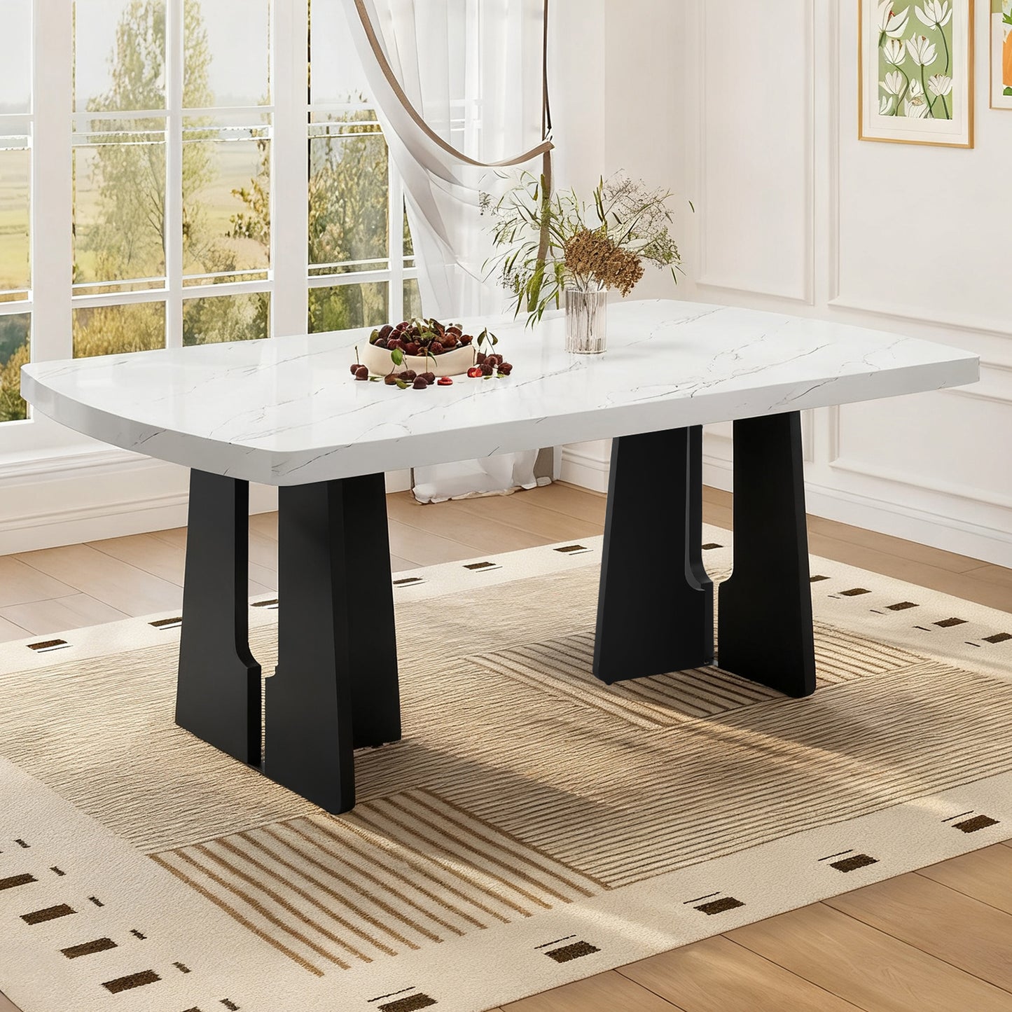 63 Modern Faux Marble Dining Table - Black White Top With Sturdy
