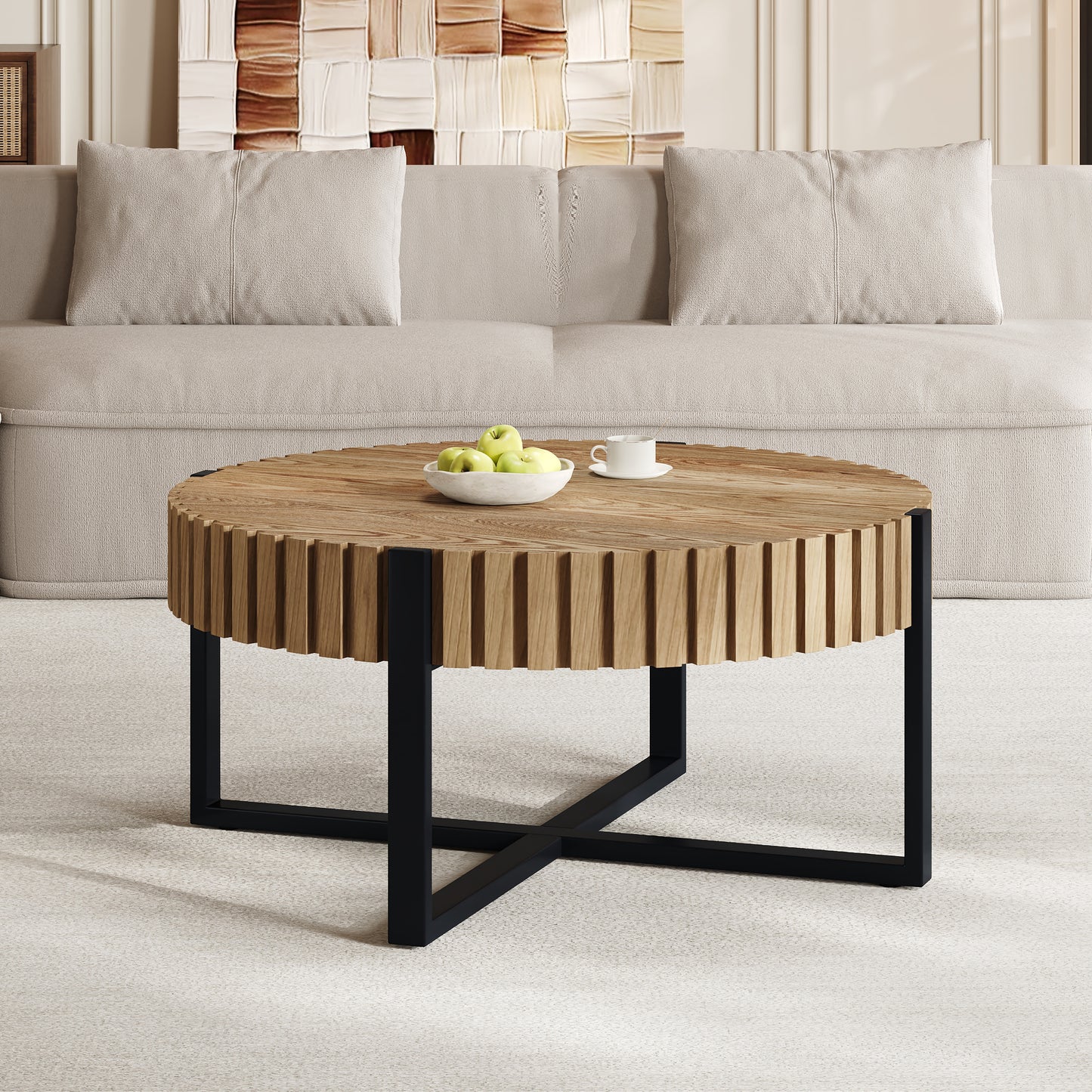 Modern Round Coffee Table with Marble Top & Cross Metal Base - 31.5"