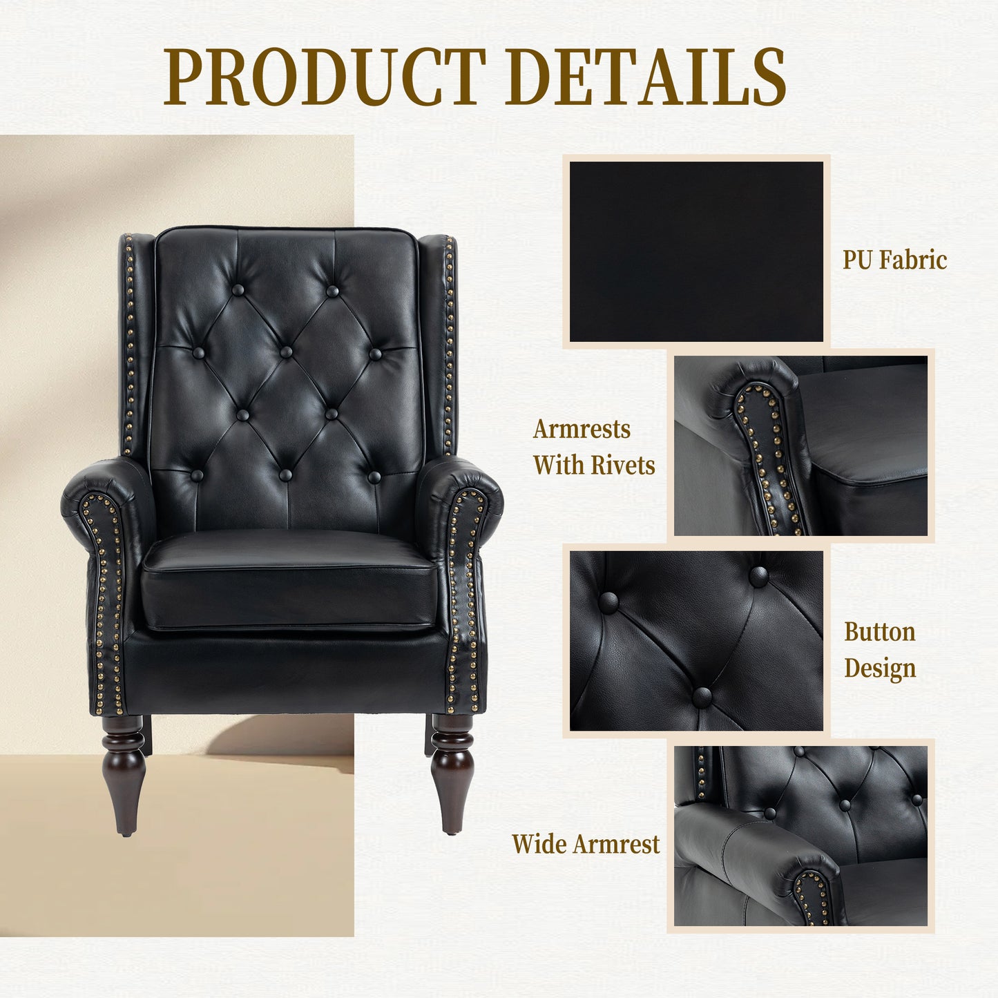 Modern Wood Frame Armchair - Black PU Accent Chair for Living Room