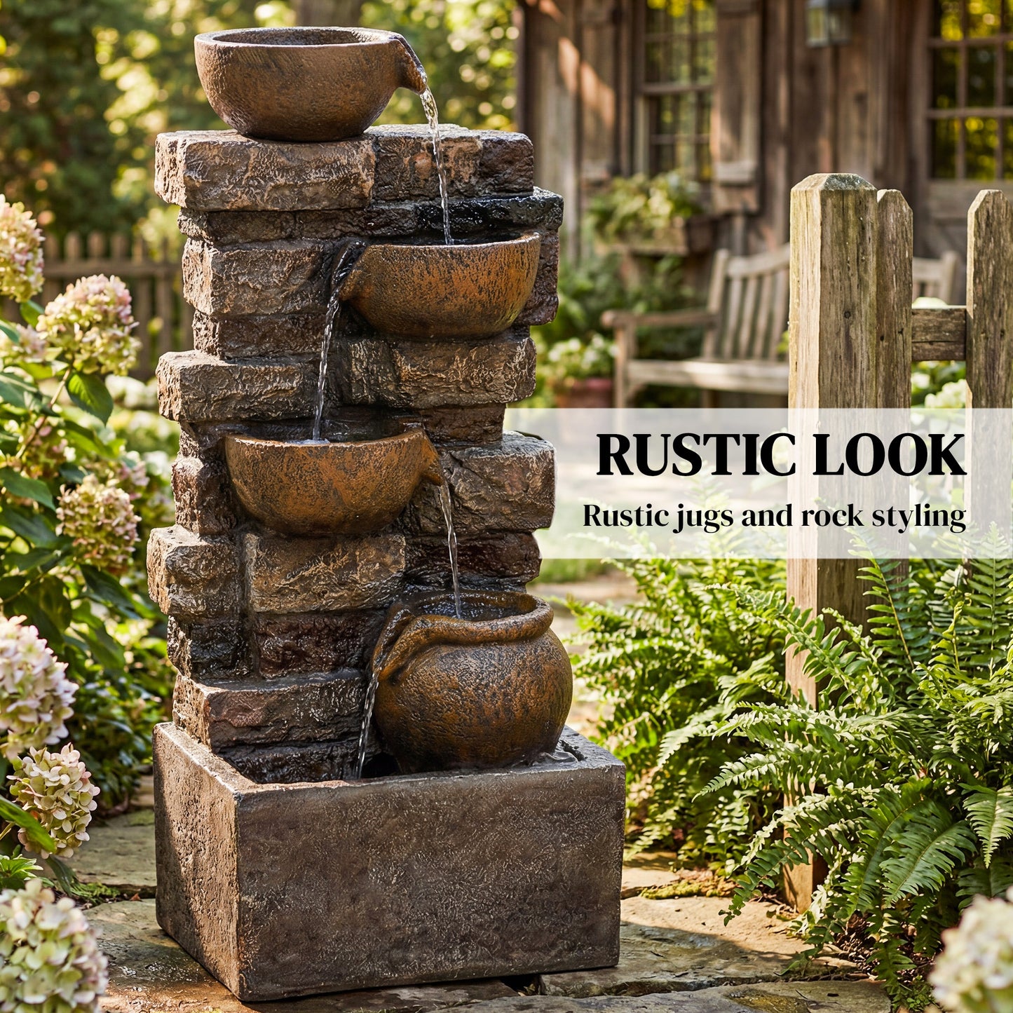 28-Inch Outdoor Fountain with 5-Tier Rustic Jugs, LED Lights, Adjustable Water Flow
