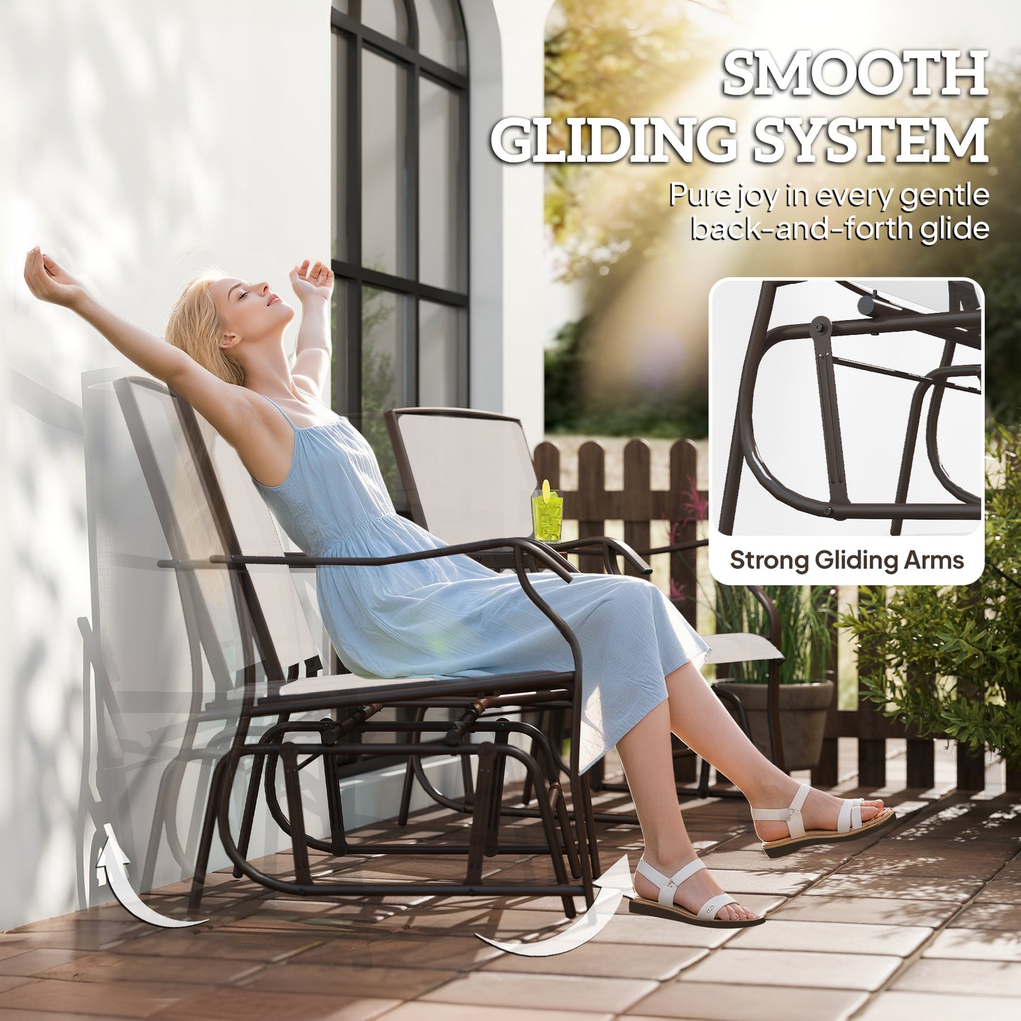 Outdoor Glider Chair Swing Loveseat with Coffee Table - Beige