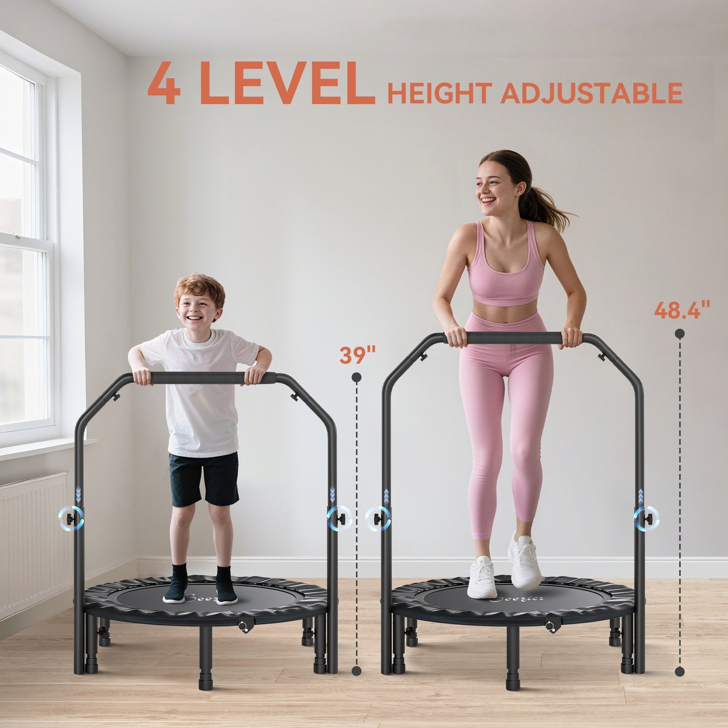 40" Foldable Mini Trampoline for Adults - Adjustable Handle, Black