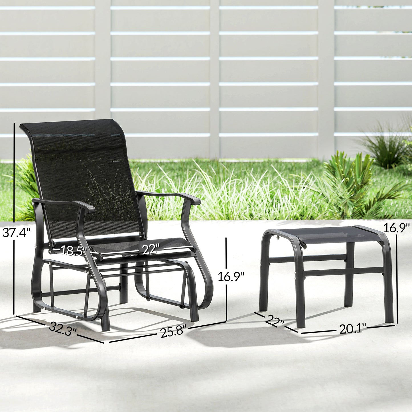 Outdoor Glider Chair Set with Ottoman - Black, Breathable Mesh