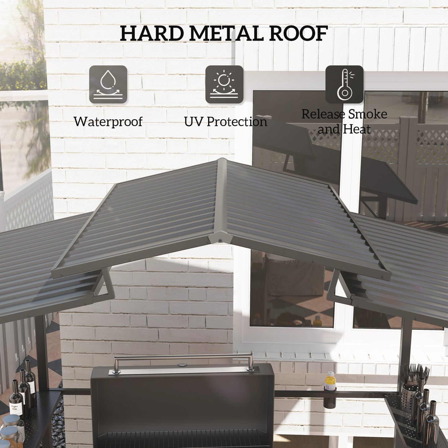 5x8ft Hardtop Grill Gazebo with Double Metal Roof, Shelves & Cup Holders