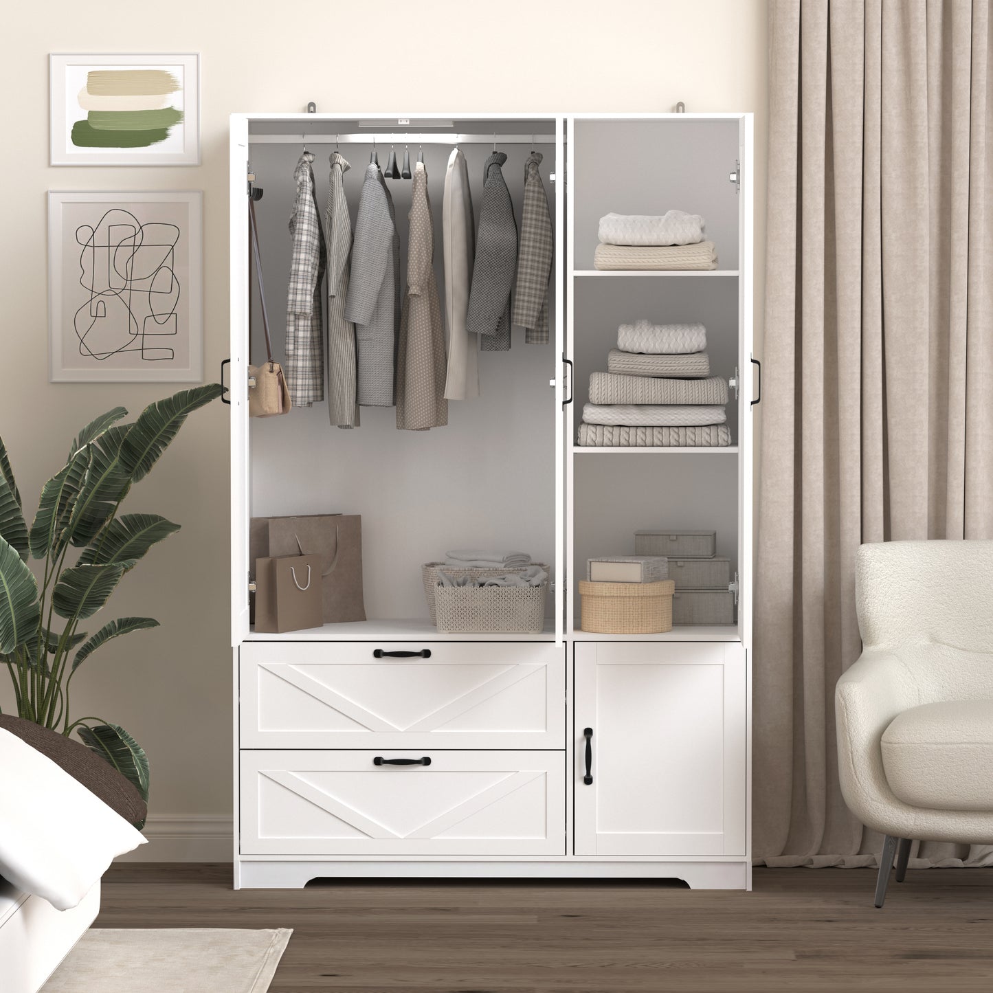 4-Door White Wardrobe Closet with Mirror & LED Lighting