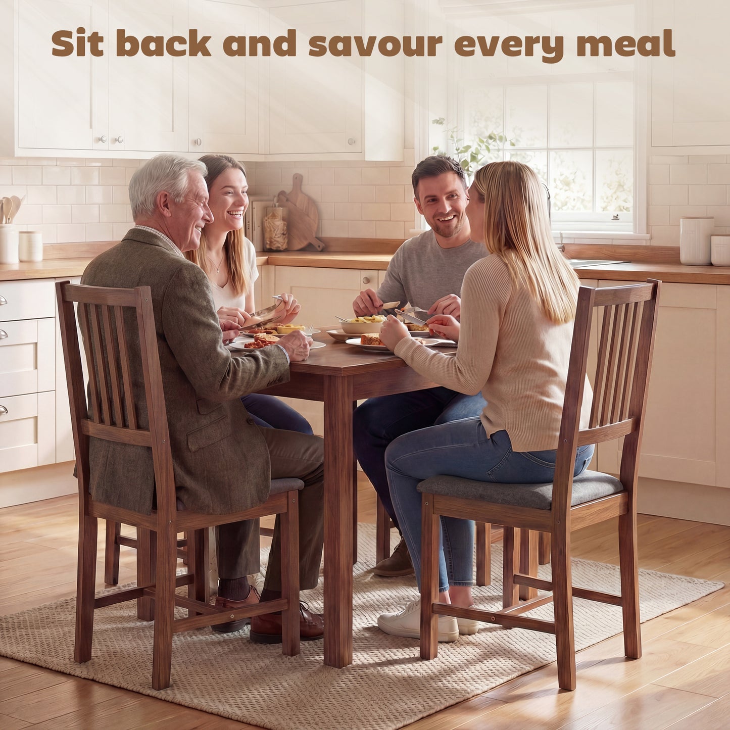 Set of 4 Dining Chairs, Upholstered Room Chairs with Rubberwood Legs