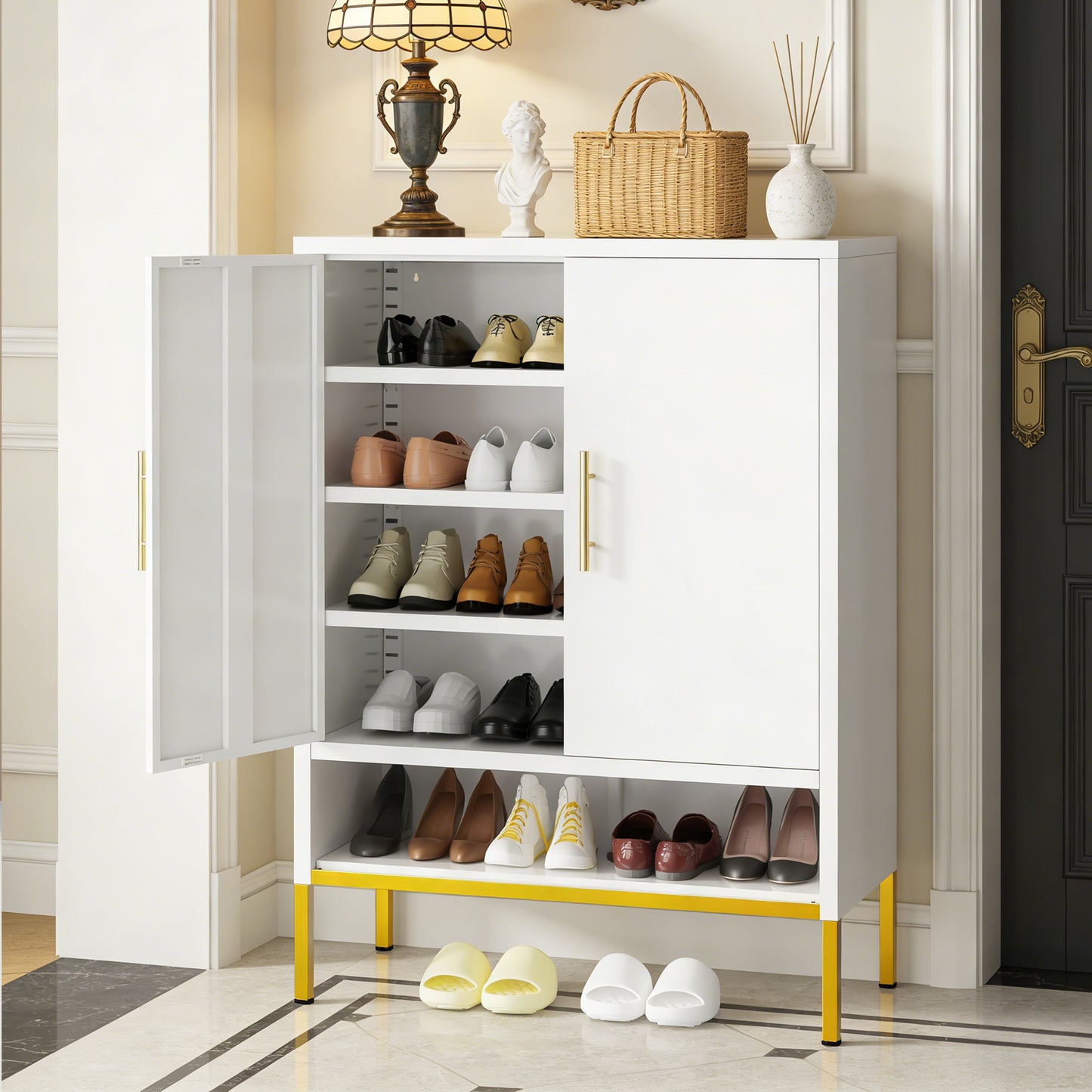 40-Inch Tall 2-Door Metal Shoe Cabinet - 7-Tier Organizer in White