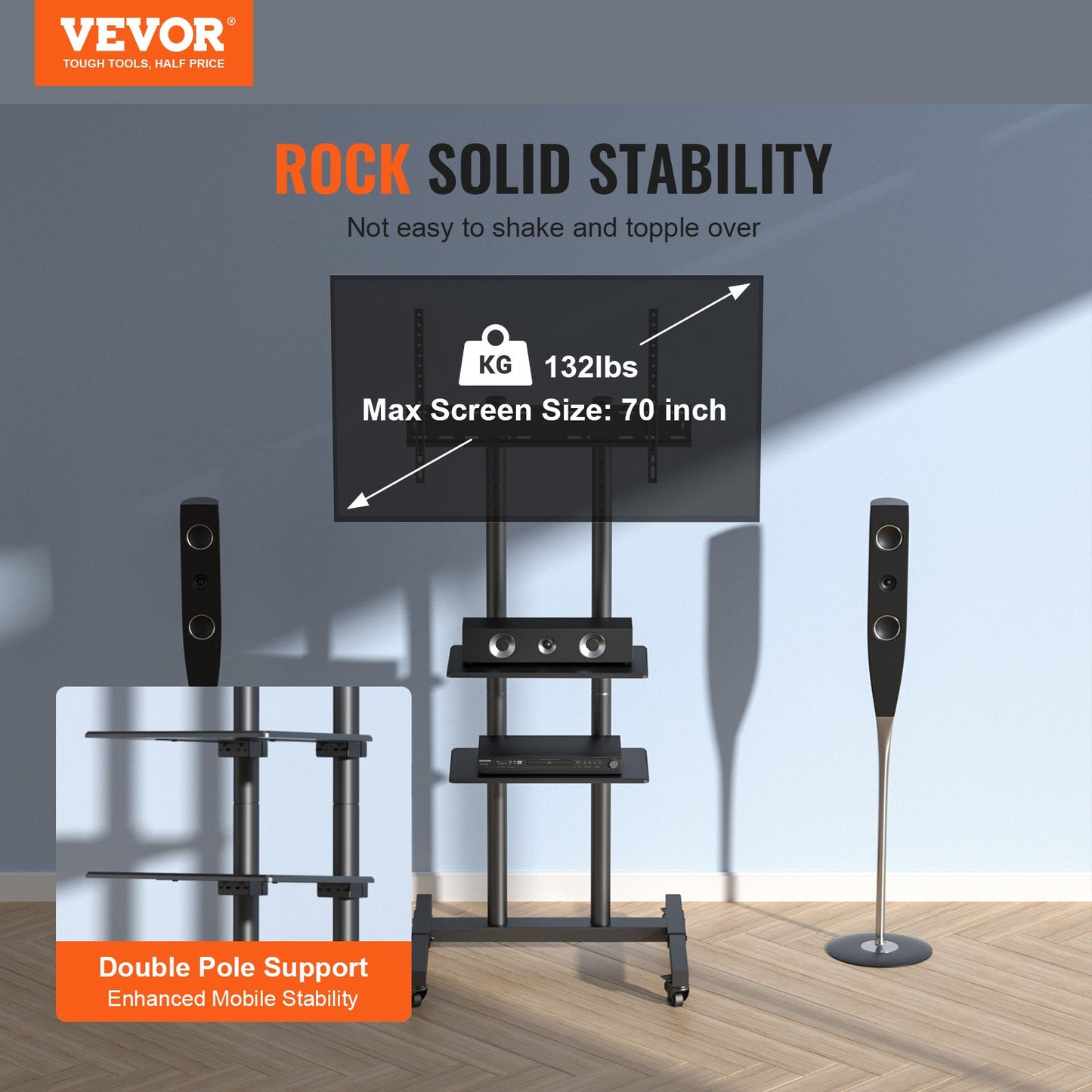 Mobile TV Stand with Wheels - Adjustable Height for 32-70 Inch TVs