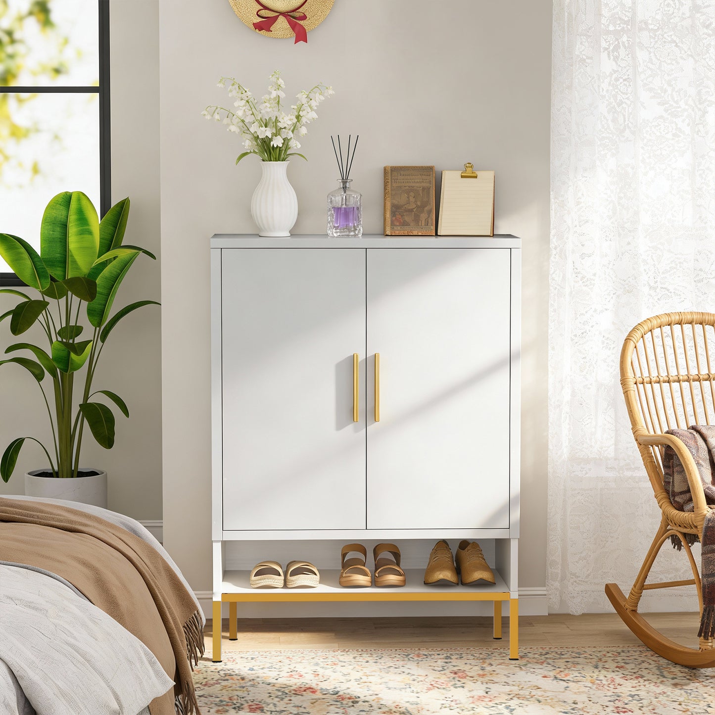40-Inch Tall 2-Door Metal Shoe Cabinet - 7-Tier Organizer in White