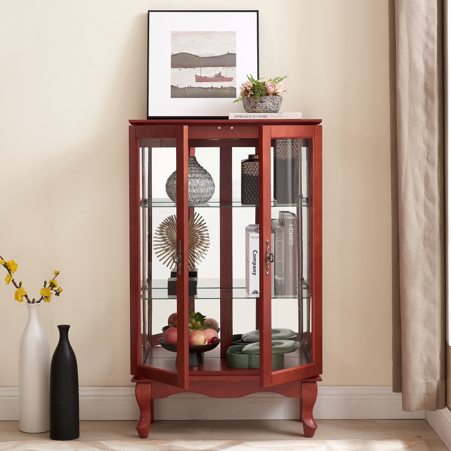 Lighted Curio Cabinet with Glass Doors & Adjustable Shelves - Cherry