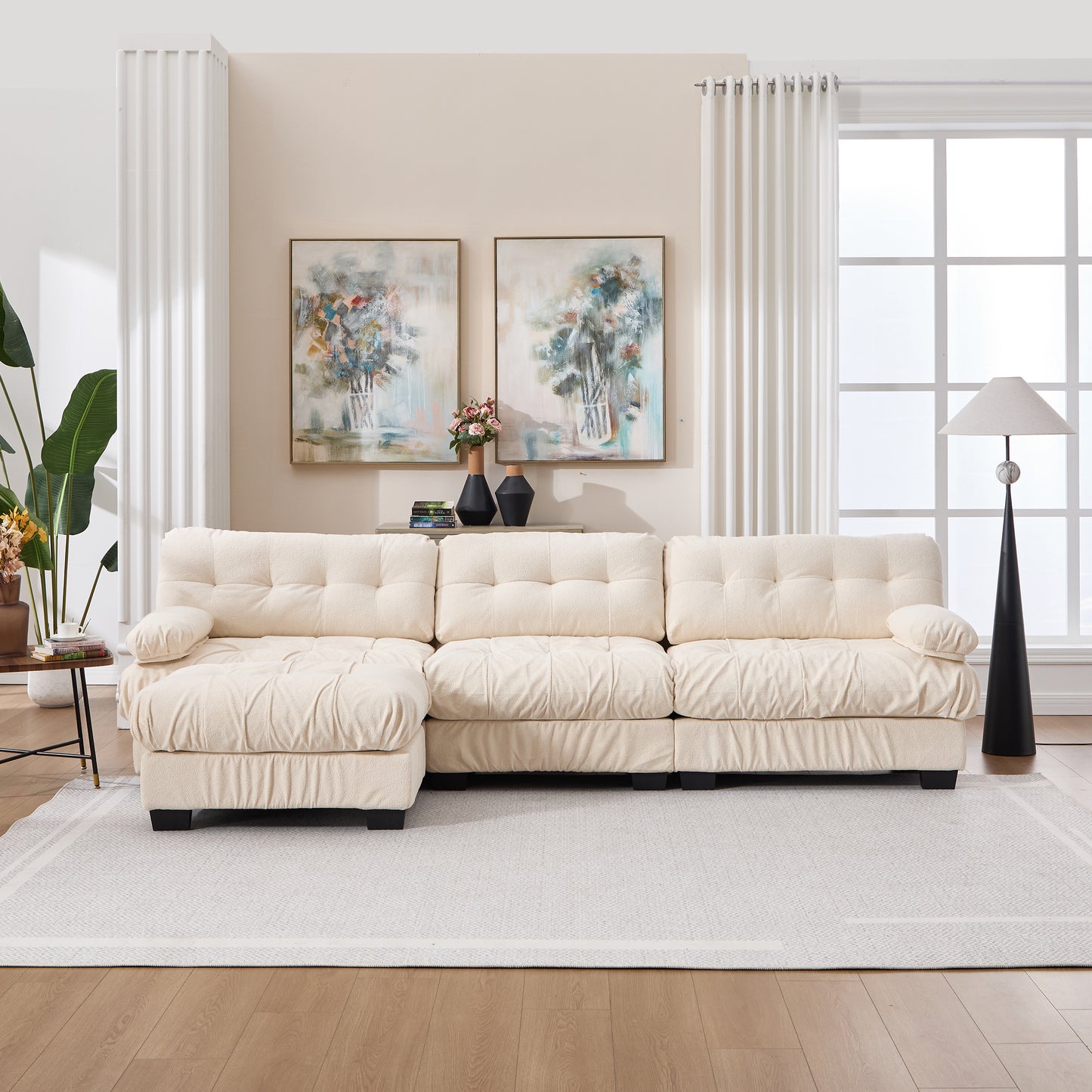 Modular Sectional Sofa - Oversized L-Shaped Couch with Ottoman - Beige