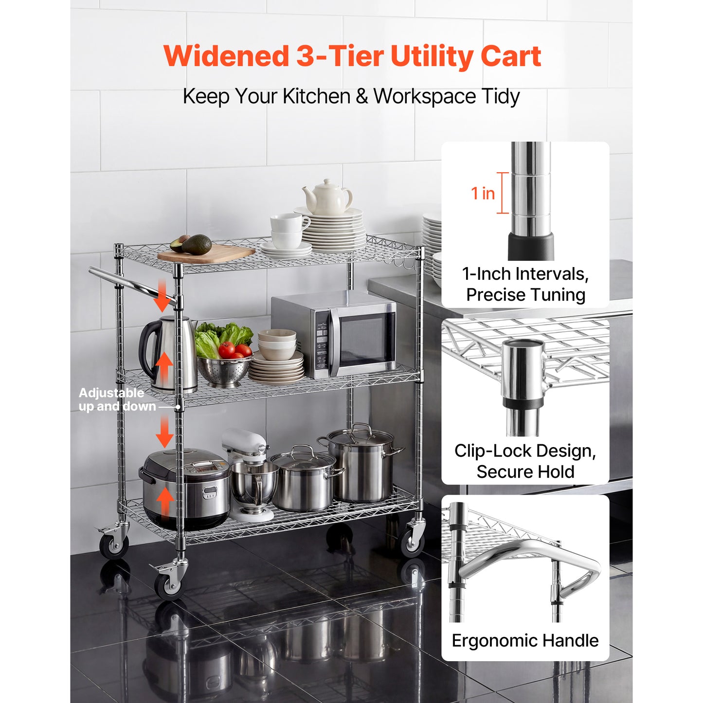 Heavy Duty 3-Tier Wire Utility Cart with Wheels for Garage & Laundry