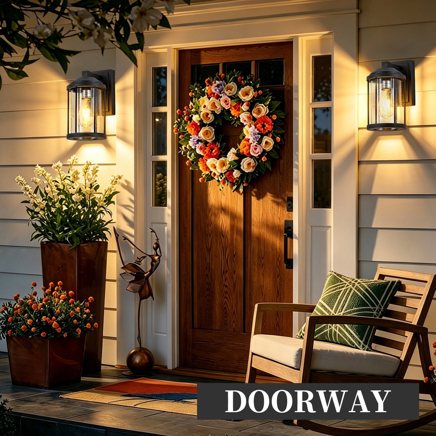 Outdoor Wall Sconce 2 Pack - Black LED Lantern Fixtures for Porch Garden