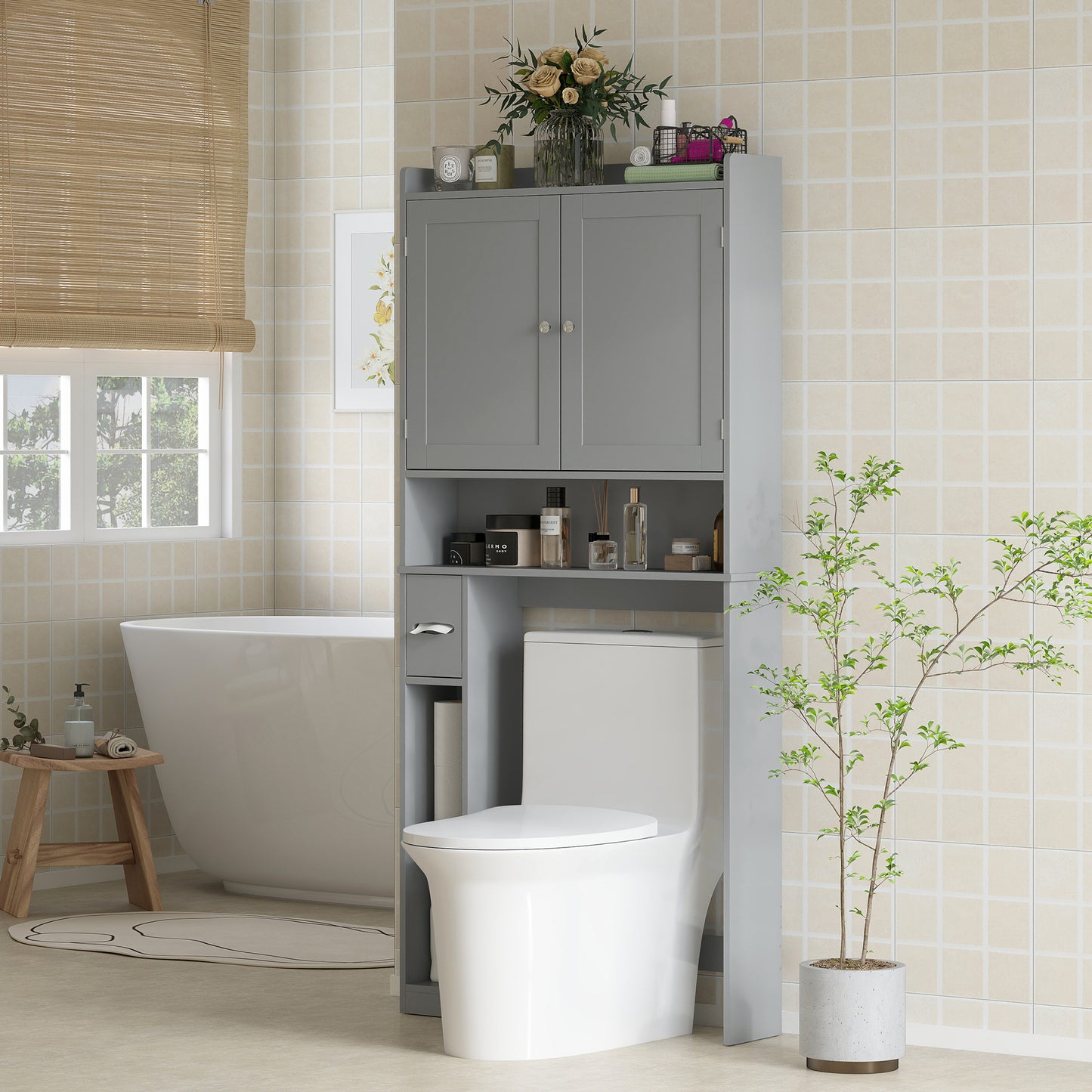 Over The Toilet Storage Cabinet with 2 Doors and Tissue Holder - Gray