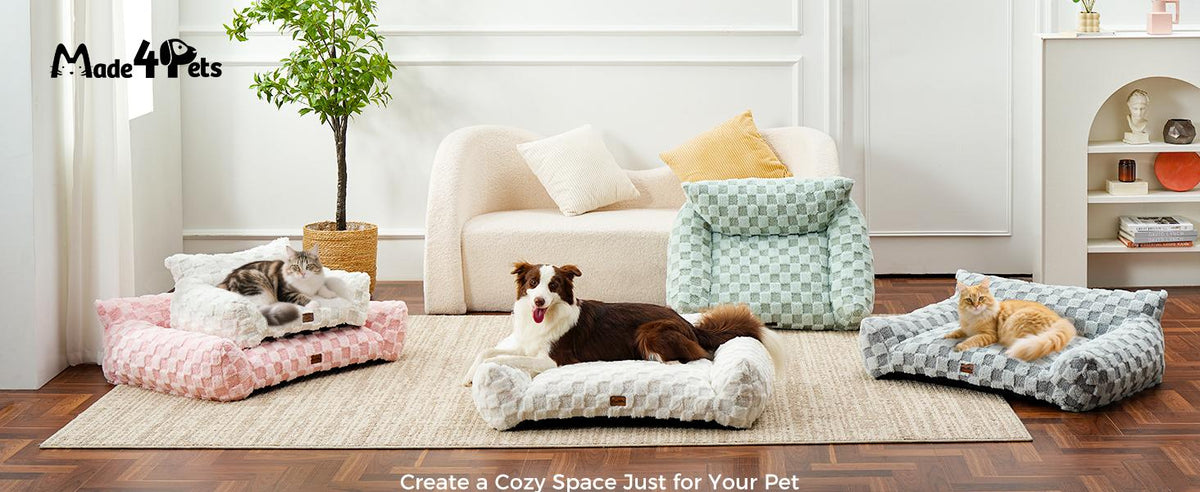 Medium Pet Sofa Bed with Sage Green Plaid Cover - Made4Pets