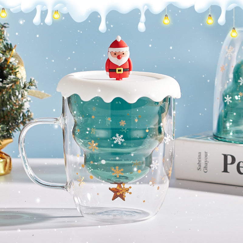 Christmas Tree Mug Double Walled Borosilicate Glass Cup with Handle - Holiday Drinkware