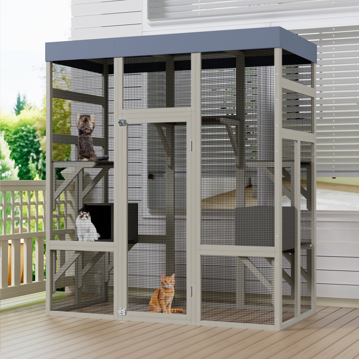 Large Wooden Cat Enclosure with Waterproof Cover, Napping Houses & Platforms - 62.6 Inches