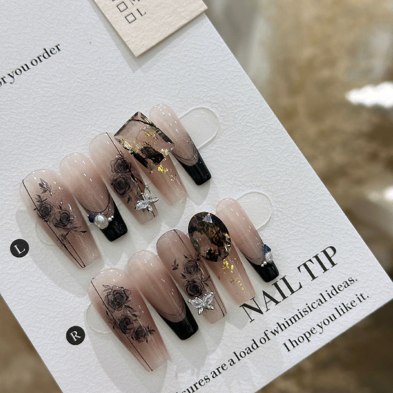 Handmade Long Camellia Press-On Nail Tips with Floral Bow Designs