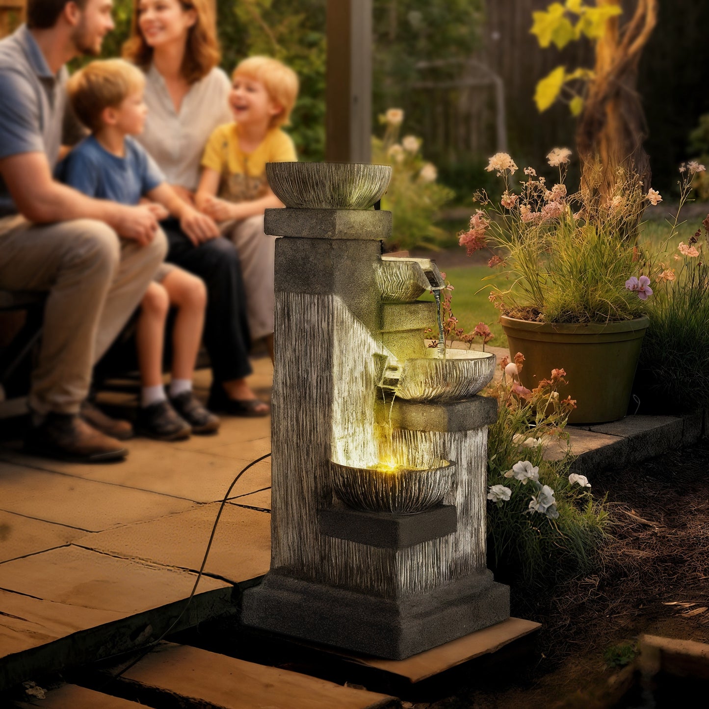 33.5-inch Outdoor Water Fountain with LED Lights 4-Tier Cascading Bowls